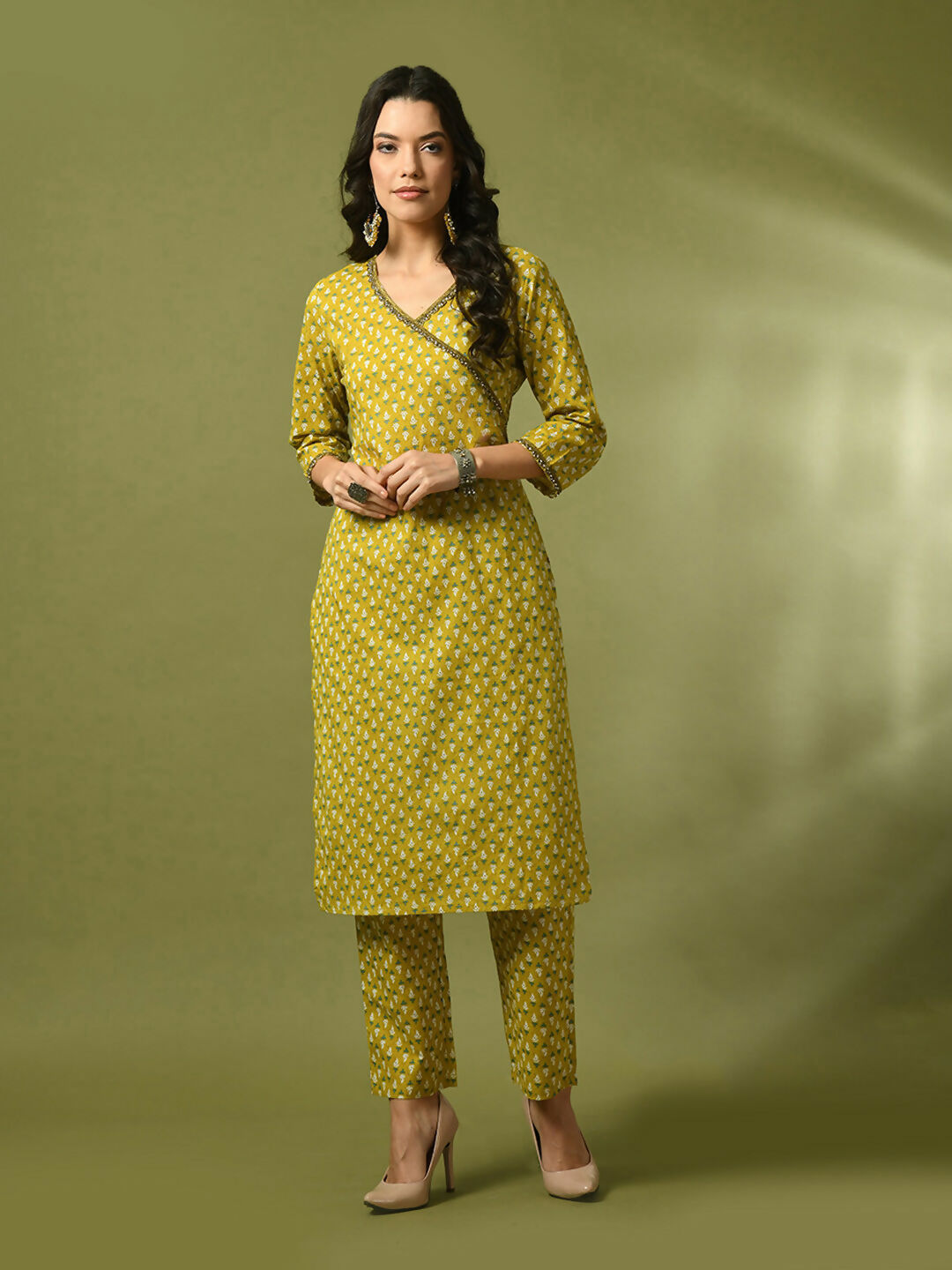 Myshka Women's Yellow Printed Cotton Straight Party Kurta Set - Distacart