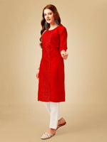 Thumbnail for Jyoti Fashion Women's Red Cotton Blend Embroidered Kurta Pant Set - Distacart