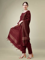 Thumbnail for Jyoti Fashion Women's Maroon Cotton Blend Embroidery & Sequence work Kurta with Trouser & Dupatta - Distacart