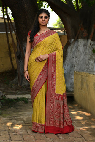 Joban Fashion Yellow Crepe Chiffon Pure Handloom Banarasi Silk Saree