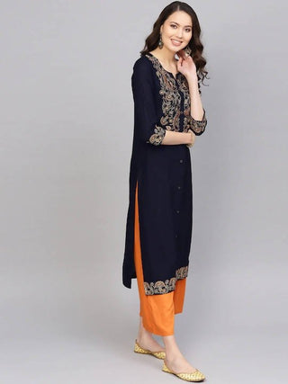Anubhutee Navy Blue Yoke Design Straight Kurta - Distacart