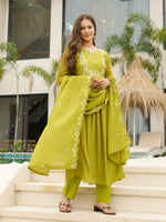 Thumbnail for The52 Lemons Women's Gorgeous Chinon Embroidered Flared Kurta with Pant And Dupatta Set - Distacart