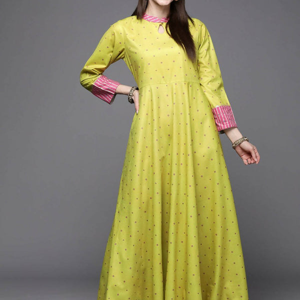 Ahalyaa Women Lime Yellow & Pink Printed Pleated A-Line Maxi Ethnic Dress - Distacart