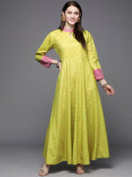 Thumbnail for Ahalyaa Women Lime Yellow & Pink Printed Pleated A-Line Maxi Ethnic Dress - Distacart