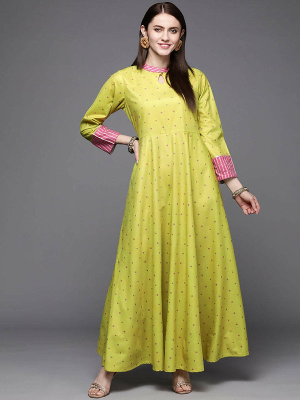 Ahalyaa Women Lime Yellow & Pink Printed Pleated A-Line Maxi Ethnic Dress - Distacart