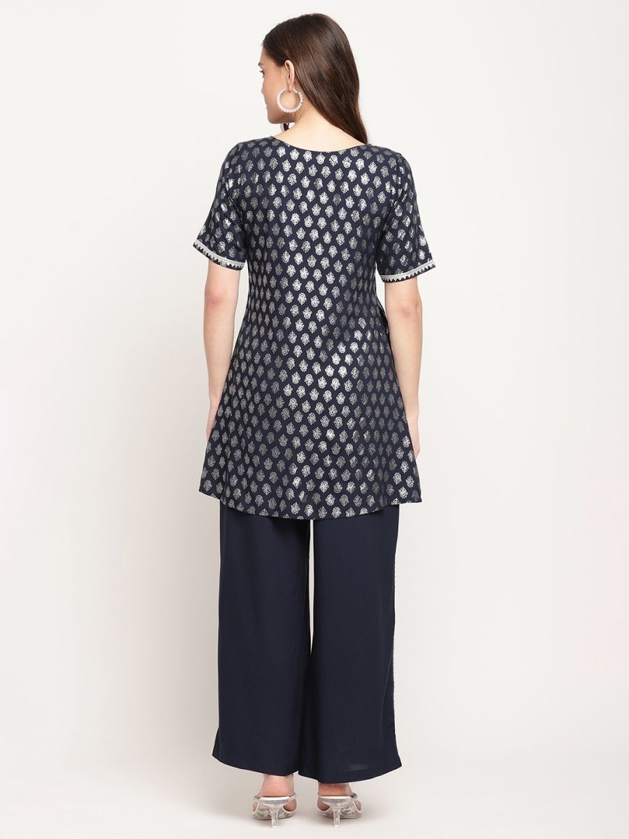 Ahalyaa Women's Blue Rayon Foil Print Top With Palazzo Set