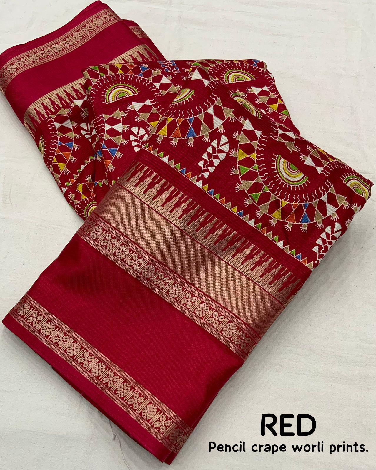 Red Cotton Blend Ethnic Motifs Saree with Unstitched Blouse - Hiral Fashion - Distacart