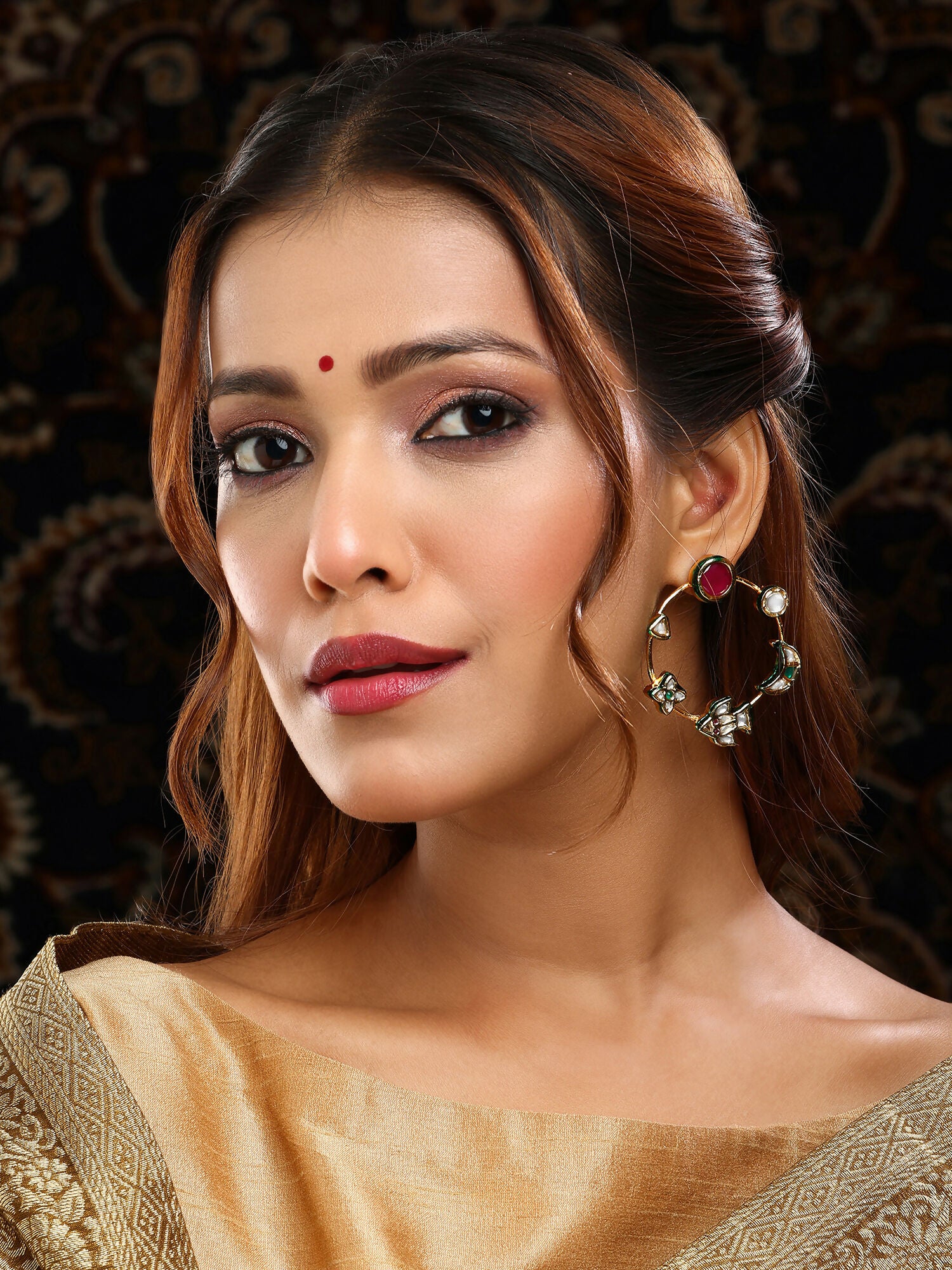 Ruby Raang Gold Polished Kundan Work Multi-Color Round Kundan Earrings