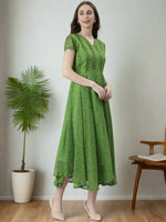 Thumbnail for Souchii Green Printed Midi Dress – Flowy Fit & Flare
