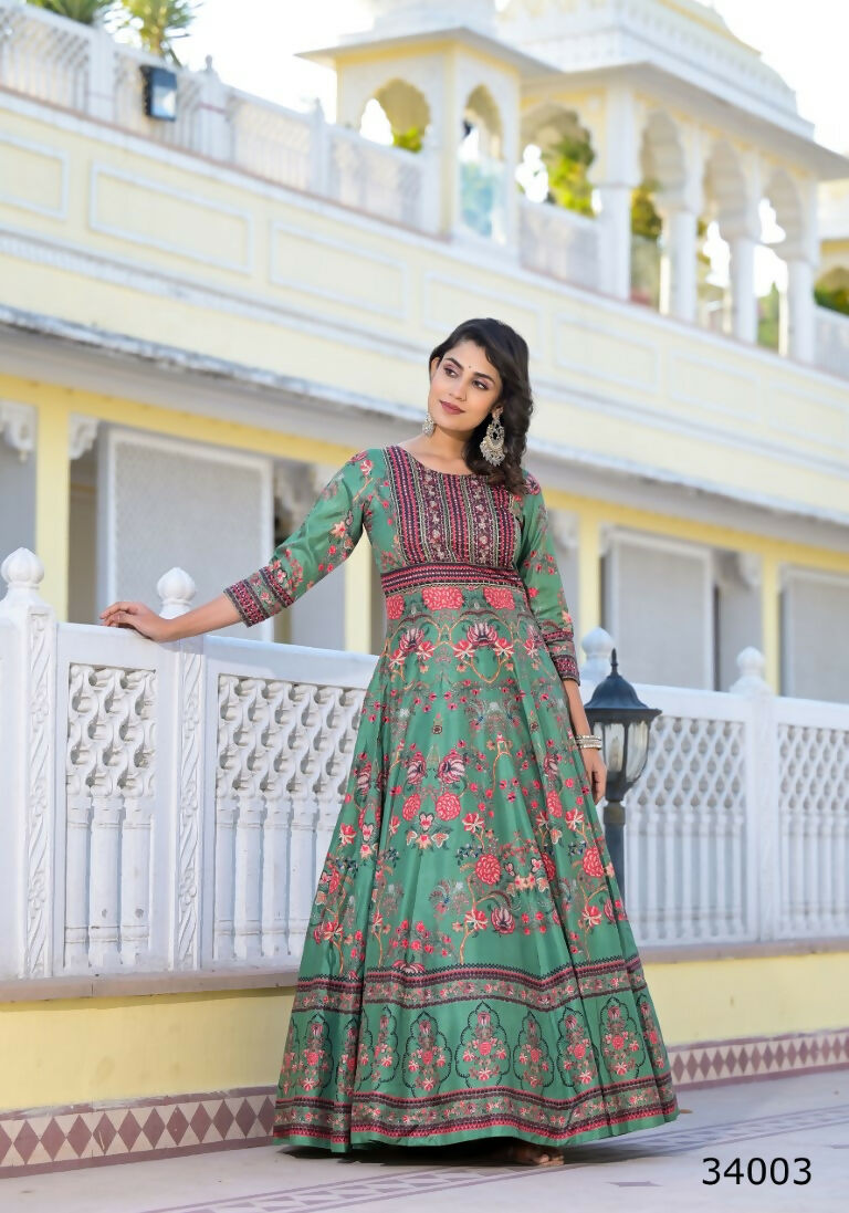 Partywear Designer parrot Dola Silk Anarkali suit with Dupatta - Suzen - Distacart