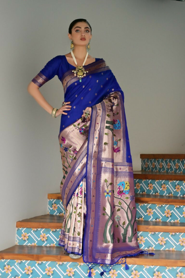 Vishnu Weaves Women's Royal Paithani Silk Zari Woven Saree with Blouse