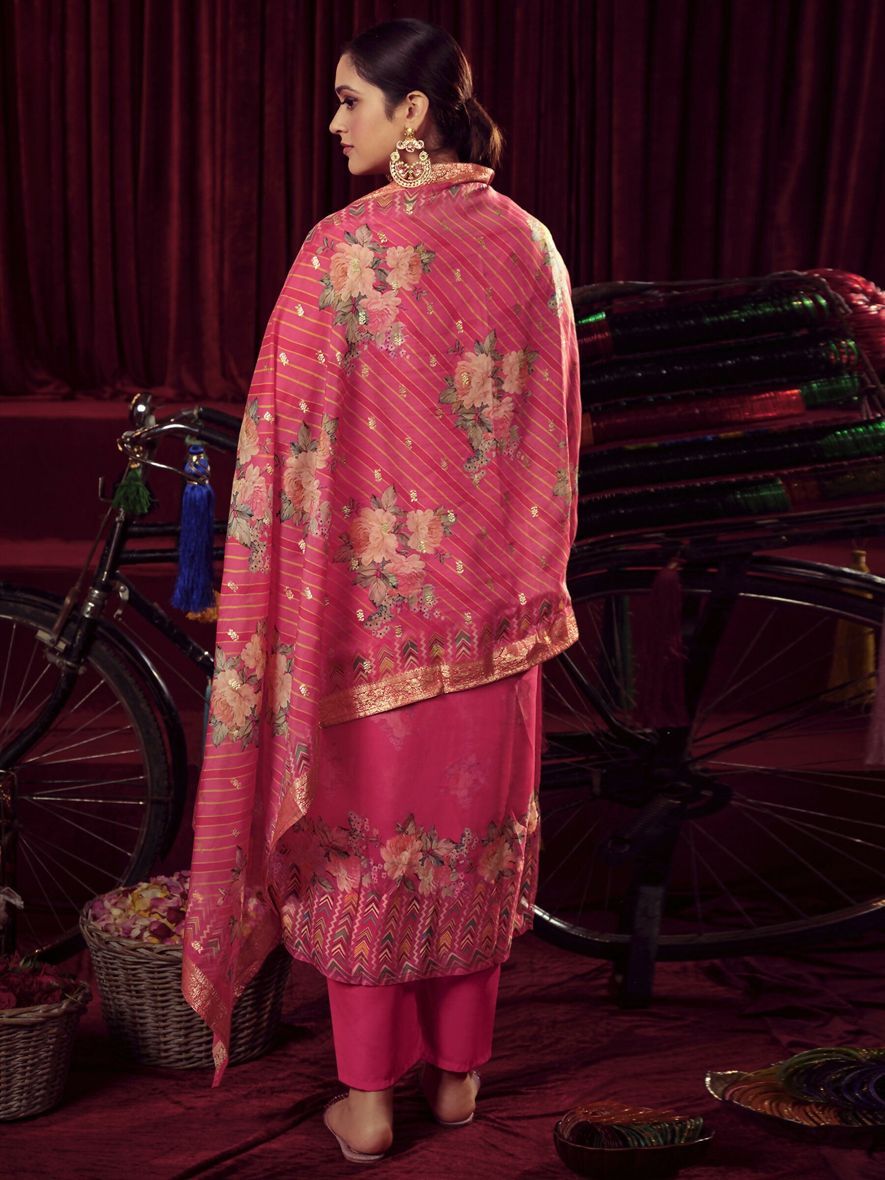 Jyoti Fashion Women's Magenta Organza Jacquard Woven Kurta with Trouser & Dupatta - Distacart