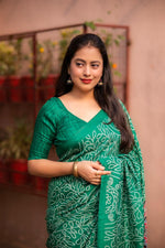 Thumbnail for Green Silk Blend Ajrak Saree with Unstitched Blouse - A2M
