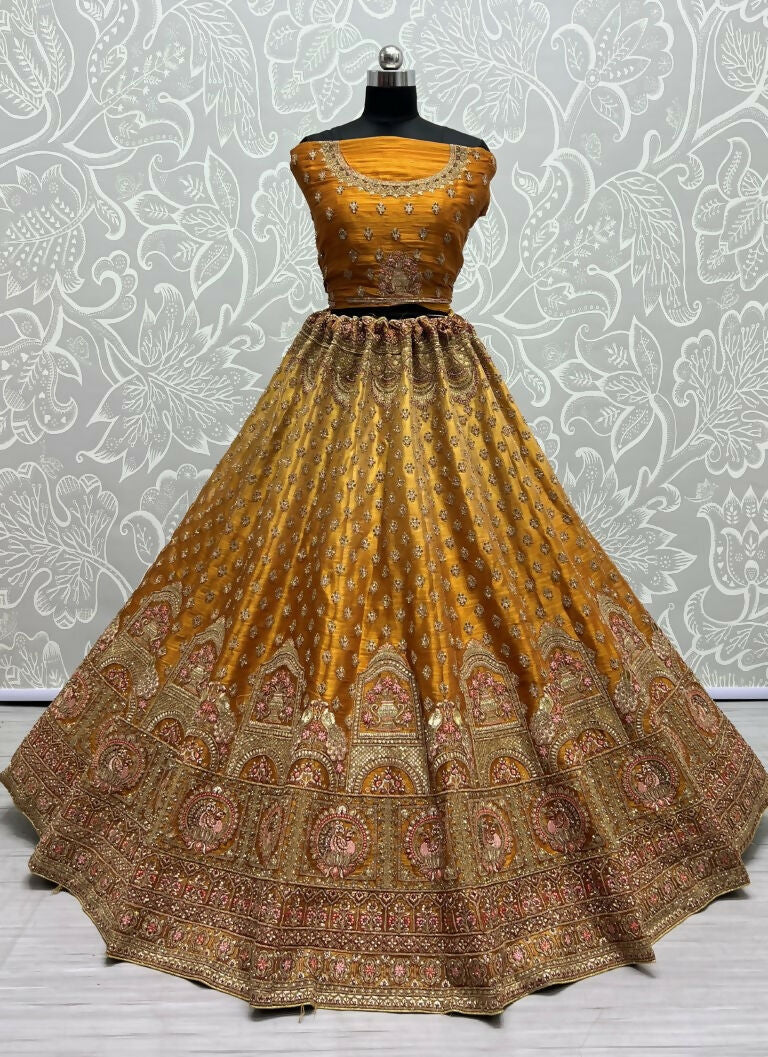Jyoti Fashion Women's Golden Bridal Net Fancy Dori & Sequins Multi Thread Embroidered with Diamond Work Wedding Lehenga Choli - Distacart