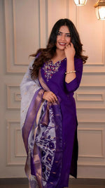 Thumbnail for Preksha Creation Premium Purple Roman Silk Hand Work Kurti Pant Dupatta Set