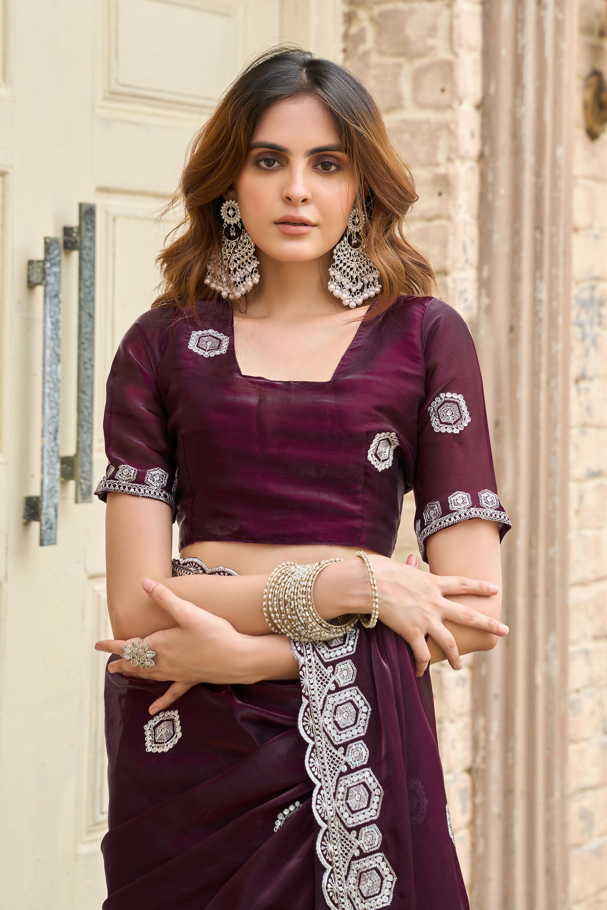 Vastranavya Wine Embroidery Work Shimmer Chiffon Saree with Unstitched Blouse