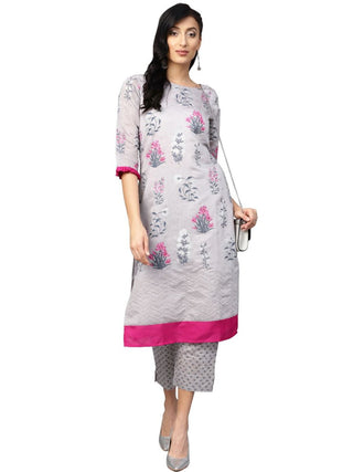 Ahalyaa Women Grey Chanderi Silk Printed Kurta Pant Set