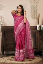 Thumbnail for Joban Fashion Pink Floral Linen Ready To Wear Saree With Unstitched Blouse - Distacart