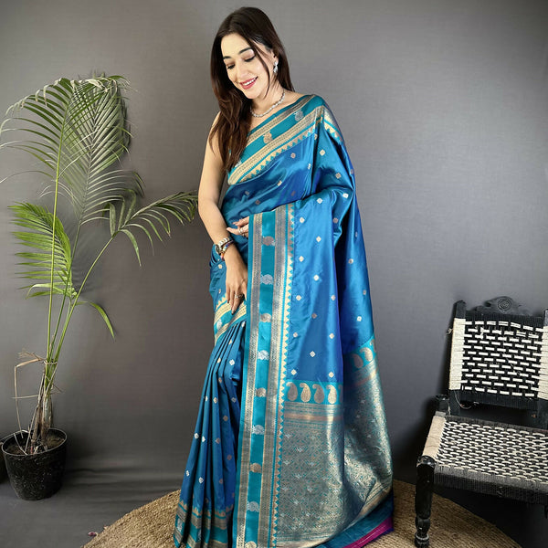 Joban Fashion Sky Blue Banarasi Soft Silk Woven Saree