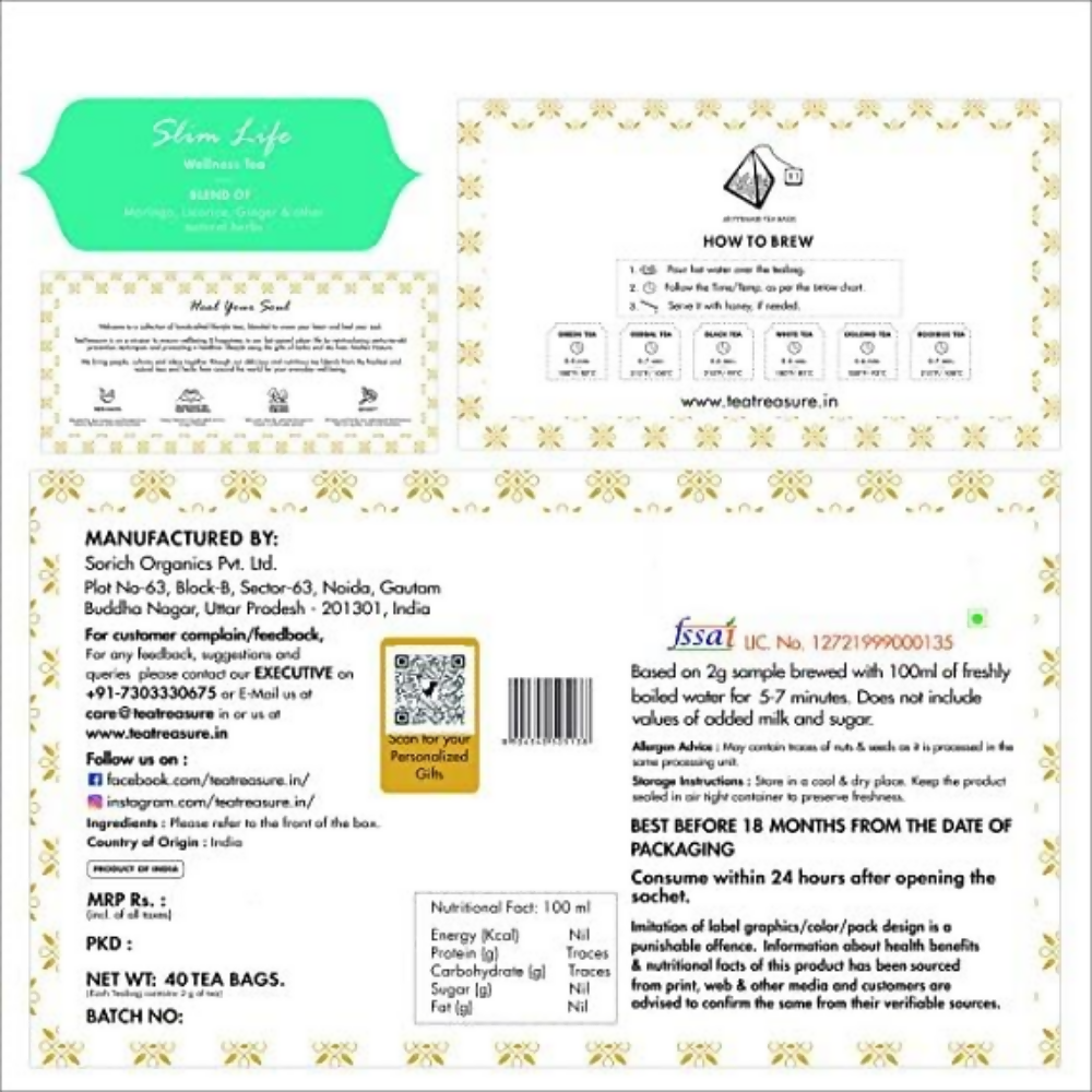 Tea Treasure Slim Life Tea Bags - Distacart