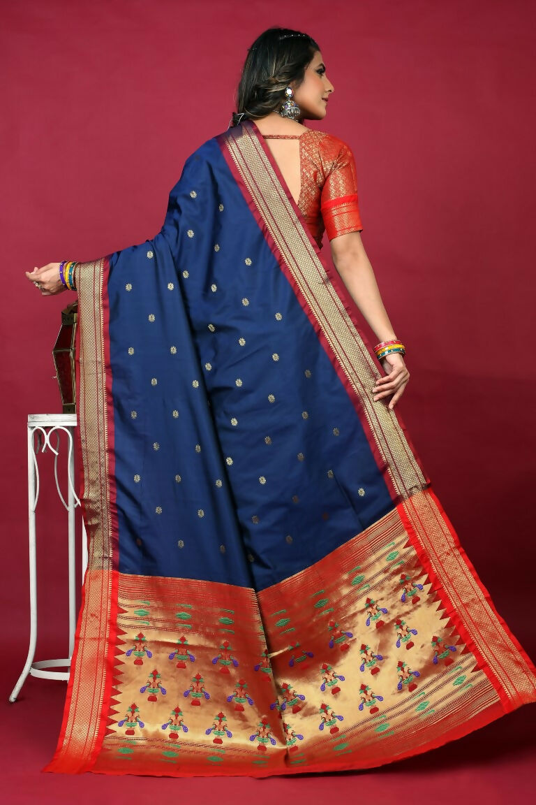 Jyoti Fashion Women's Navy Blue Paithani Silk Zari Woven Saree with Blouse - Distacart