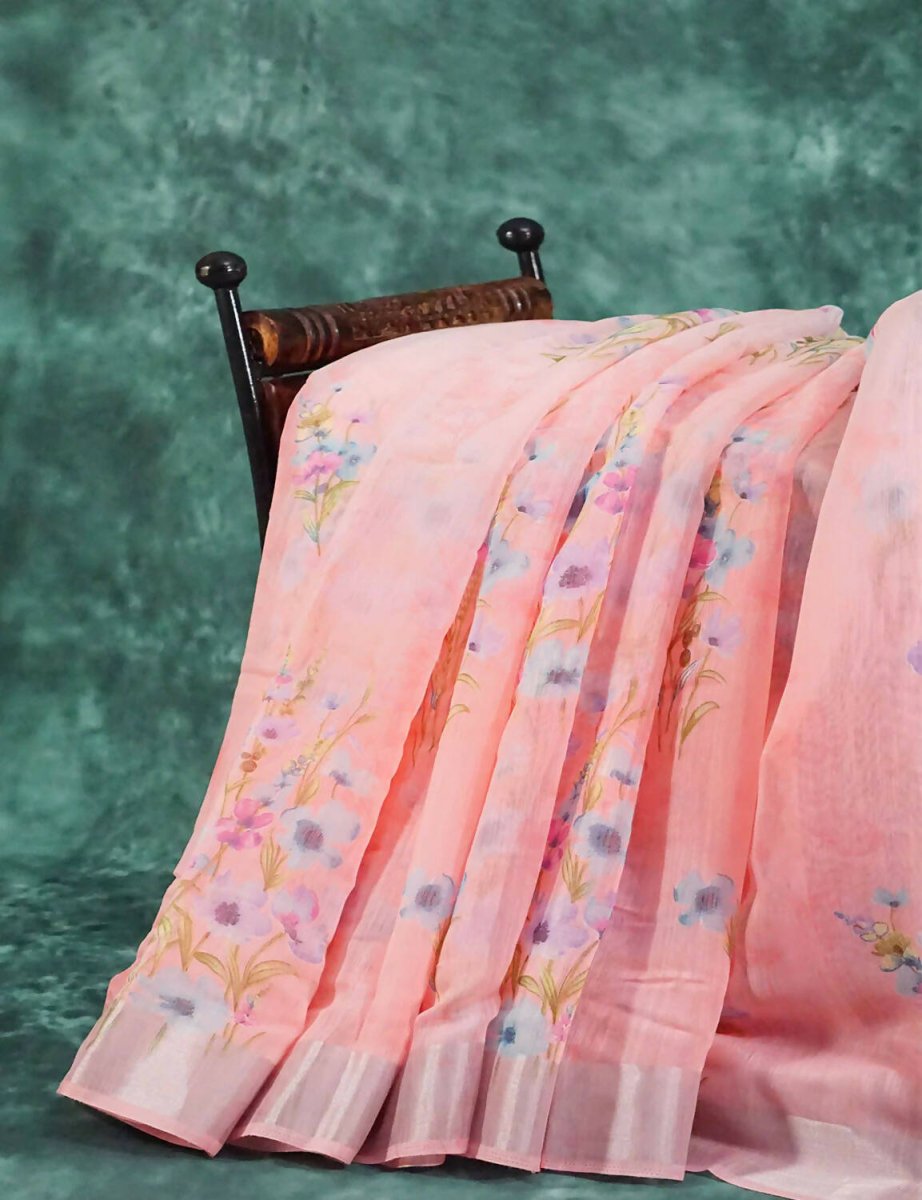 Baby Peach Floral Print Semi Chanderi Saree By Gayathri Reddy Designer Studio - Distacart