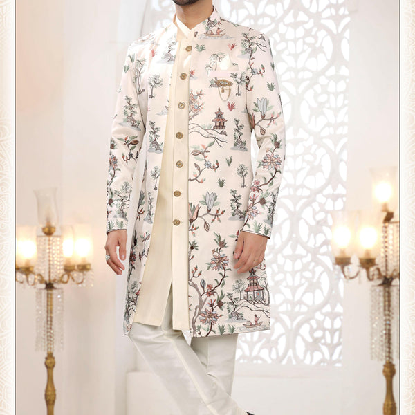 Joban Fashion Men's Cream Straight Malai Silk Thread And Sequence Embroidery All Over 3 Pc Kurta Set - Distacart