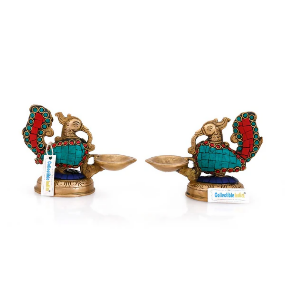 CraftVatika Brass Pair Of Peacock Diya Stand Showpiece