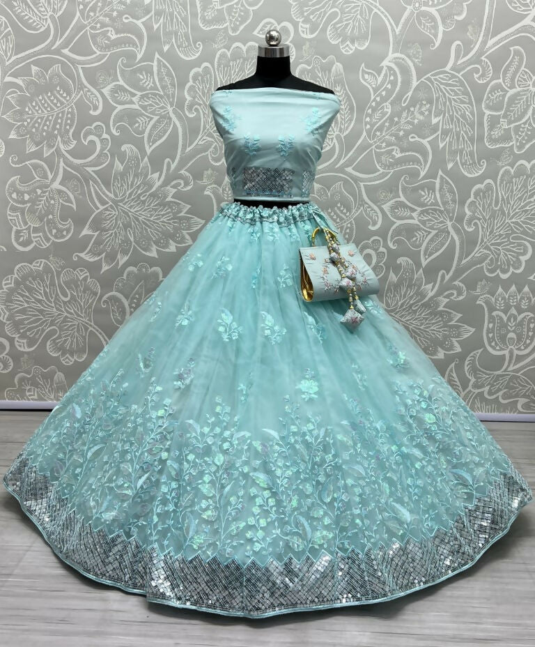 Jyoti Fashion Women's Sky Blue Bridal Net Fancy Sequins with Multi Thread Embroidered Wedding Lehenga Choli - Distacart