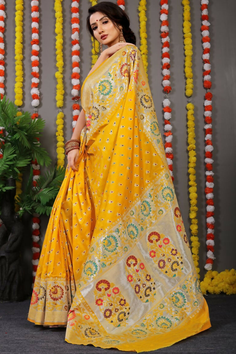Jyoti Fashion Women's Yellow Banarasi Silk Zari Woven Saree with Blouse - Distacart