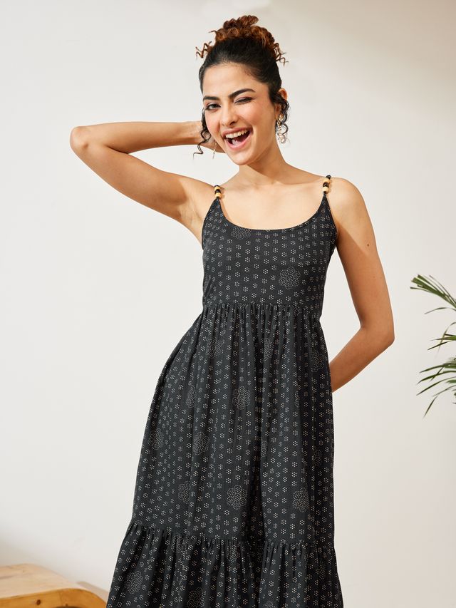 Janasya Navy Blue A-Line Cotton Dress - Dista