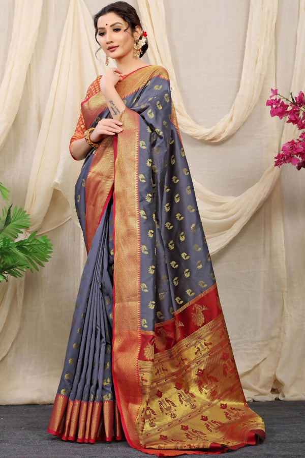 Jyoti Fashion Women's Grey Banarasi Silk Zari Woven Saree with Blouse - Distacart