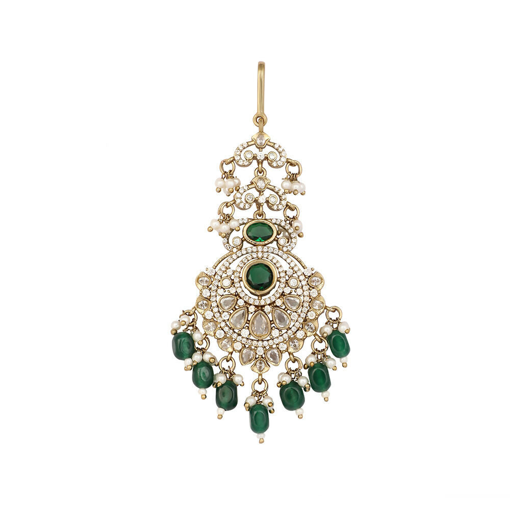 Nuyug 18K Gold Plated Ethereal Green Stone Maang Tikka