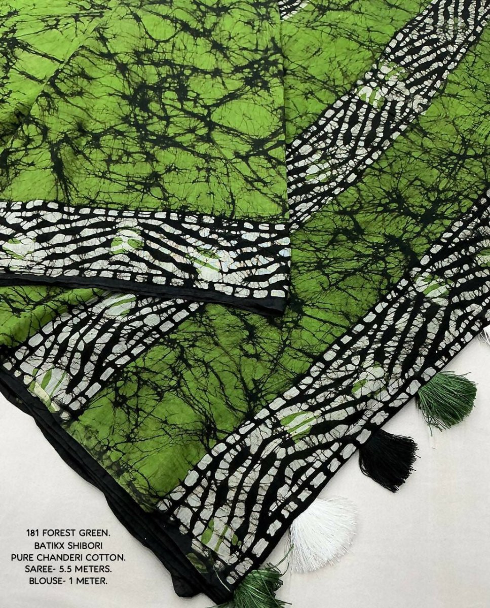 Arfa Fashion House Green Combination Pure Chanderi Cotton Batik Printed Saree - Distacart