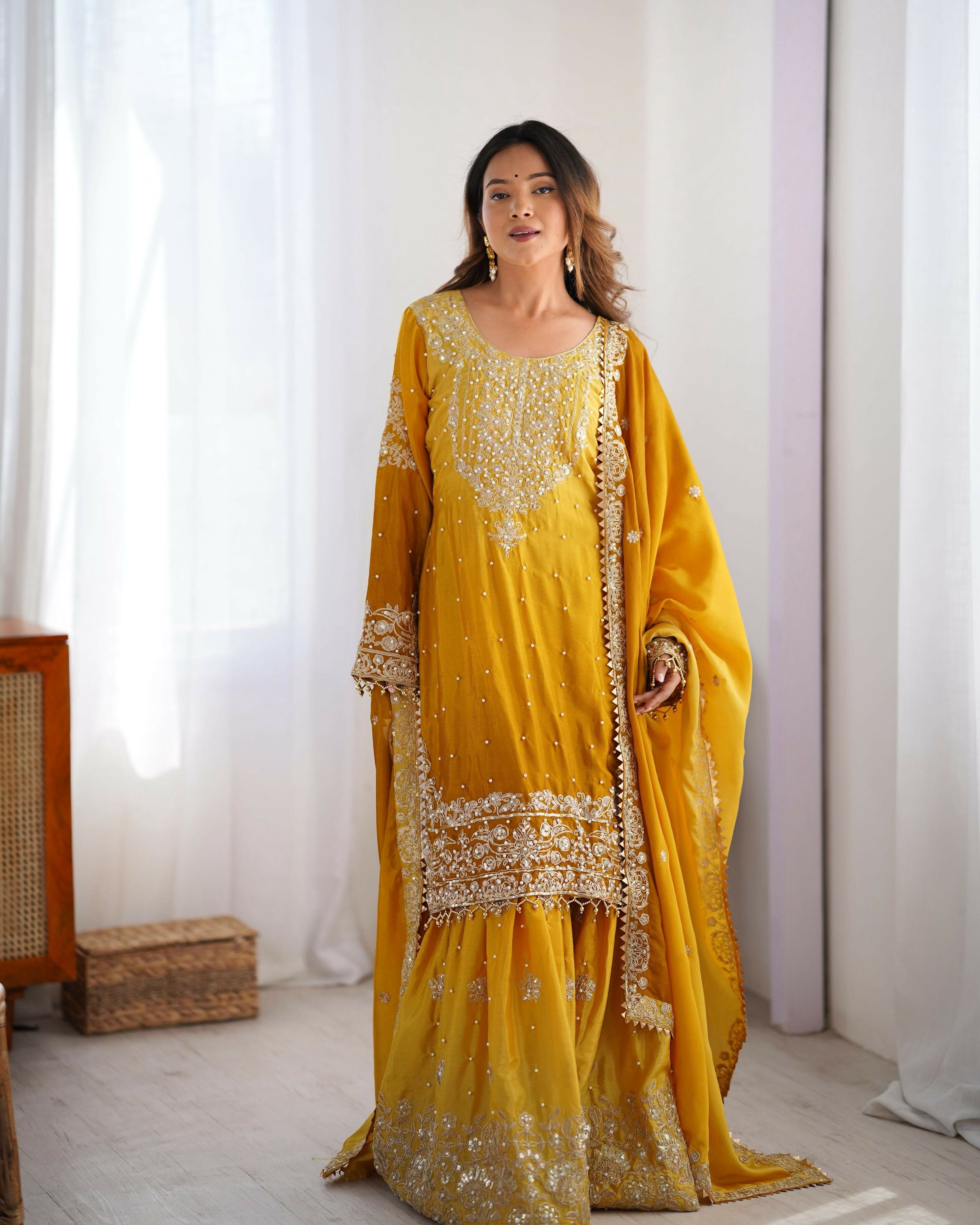 Joban Fashion yellow Palazzo Chinon silk Coding Dori with Sequence with Rivet Moti
