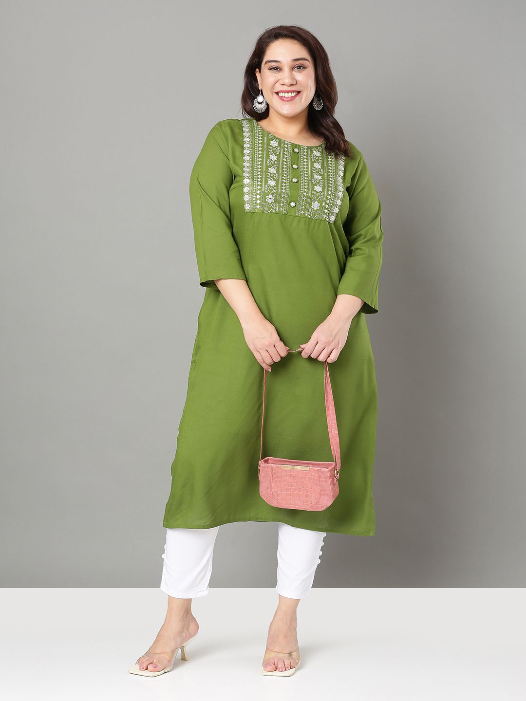 Sztori Plus Size Floral Yoke Design Mirror Work Straight Kurta - Distacart