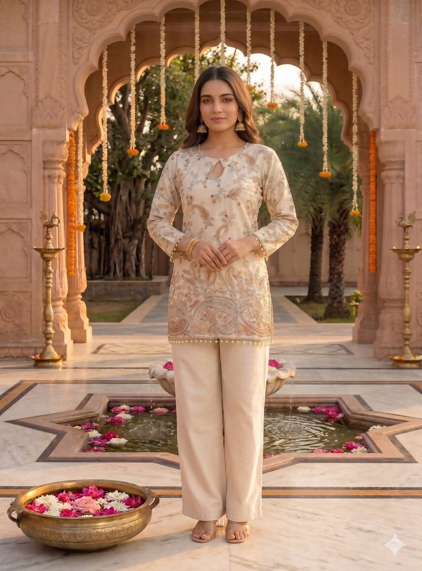 Teeya Creation Off-White Embroidered Straight Kurta With Pant Set - Dista