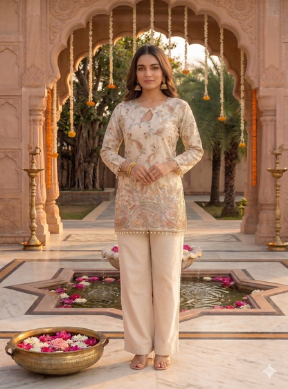 Teeya Creation Off-White Embroidered Straight Kurta With Pant Set - Dista