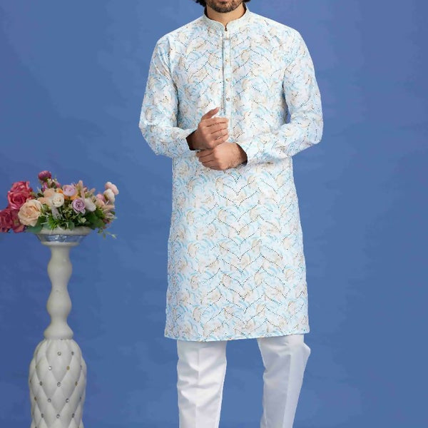 Raivat Ethnic Cotton Embroidery Kurta Pajama In Sky Blue Colour - Dista