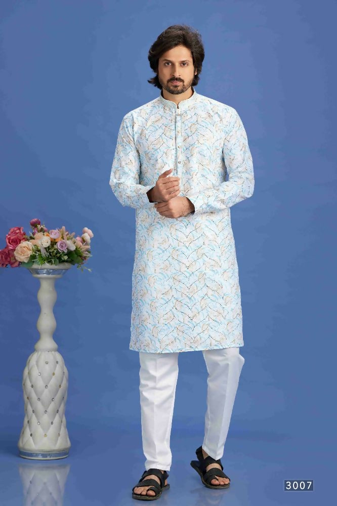 Raivat Ethnic Cotton Embroidery Kurta Pajama In Sky Blue Colour - Dista
