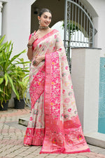 Thumbnail for Vishnu Weaves Women's Pink Banarasi Silk Patola Zari Woven Saree with Blouse