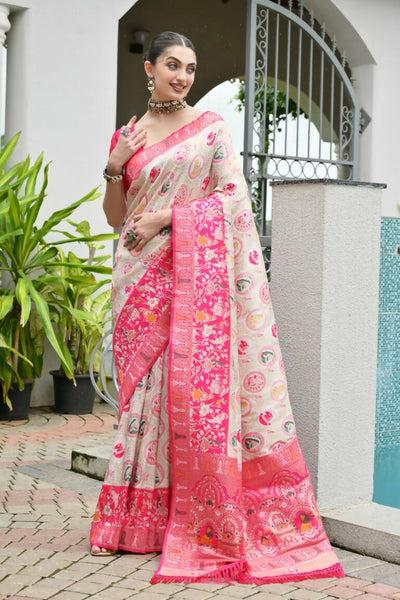 Vishnu Weaves Women's Pink Banarasi Silk Patola Zari Woven Saree with Blouse