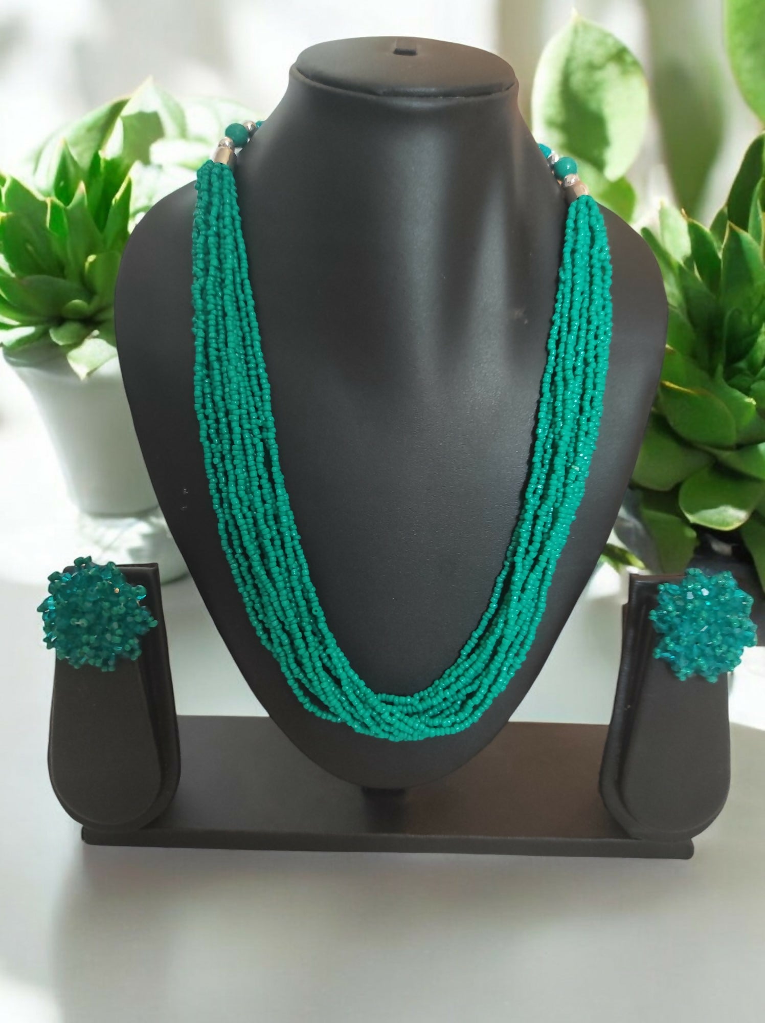 Inhanns Bloom Handmade Beaded Necklace With Earrings - 12 Layers - Sea Green Necklace Set - Distacart