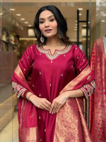 Thumbnail for The52 Maroon Beautiful Embroidered Viscose Chanderi Fabric Straight Kurta Pant with Dupatta Set - Distacart