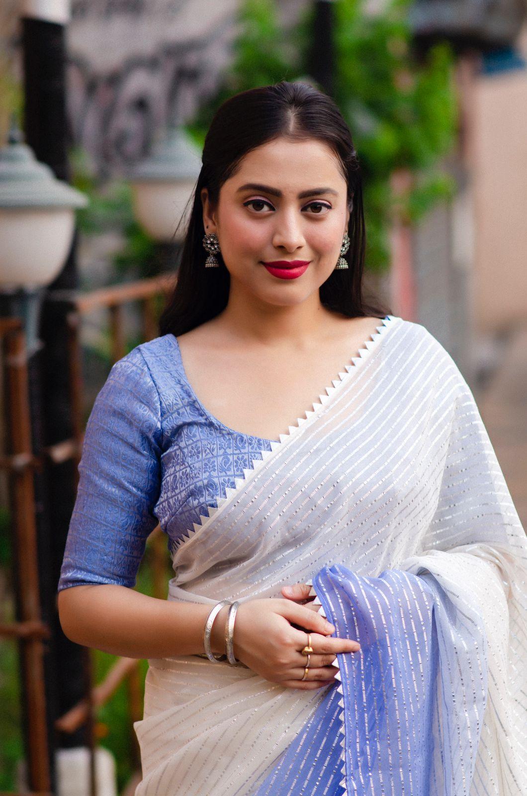 Lavender Poly Chiffon Striped Saree with Unstitched Blouse - A2M - Distacart