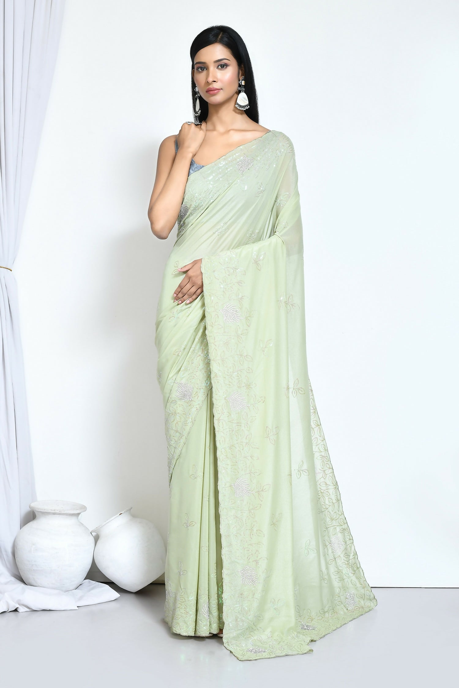 Green Crepe Silk Sequence Embroidered with Stone work Saree - Nimaya Benzy - Distacart