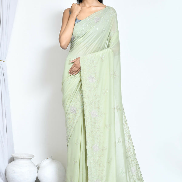 Green Crepe Silk Sequence Embroidered with Stone work Saree - Nimaya Benzy - Distacart