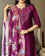Thumbnail for The52 Wine Women's Gorgeous Embroidered Rayon Fabric Straight Kurta Pant with Dupatta Set - Distacart