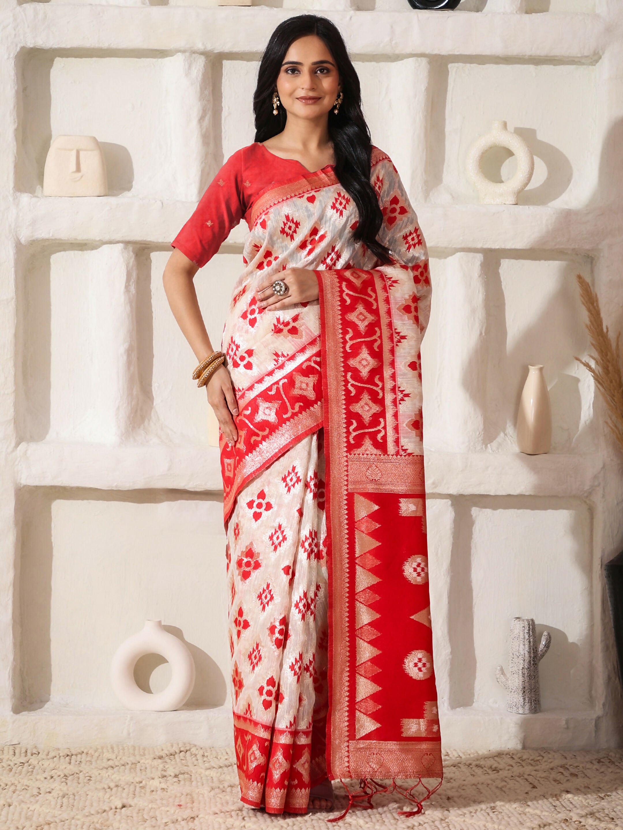 Astita Linen Cotton Red & White Saree