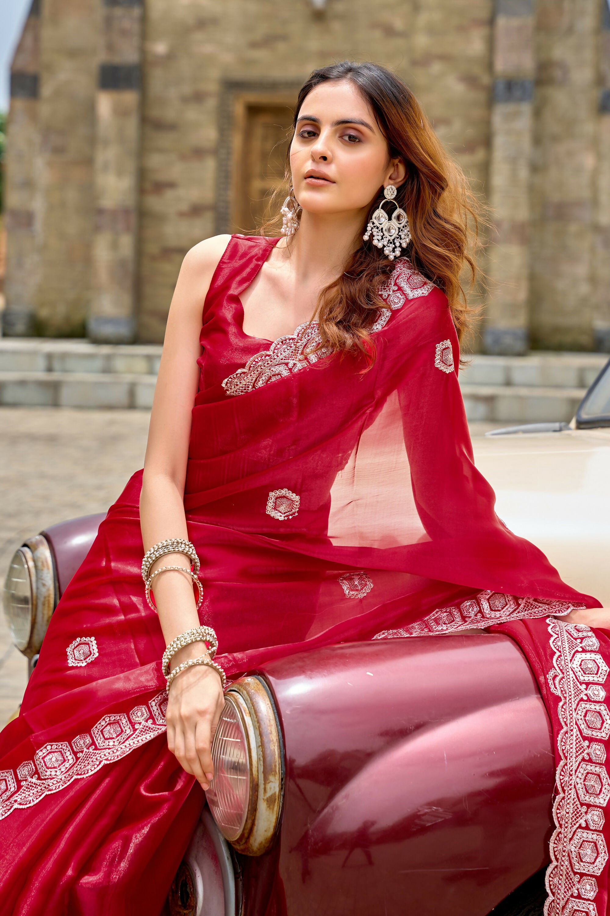 Vastranavya Red Embroidery Work Shimmer Chiffon Saree with Unstitched Blouse